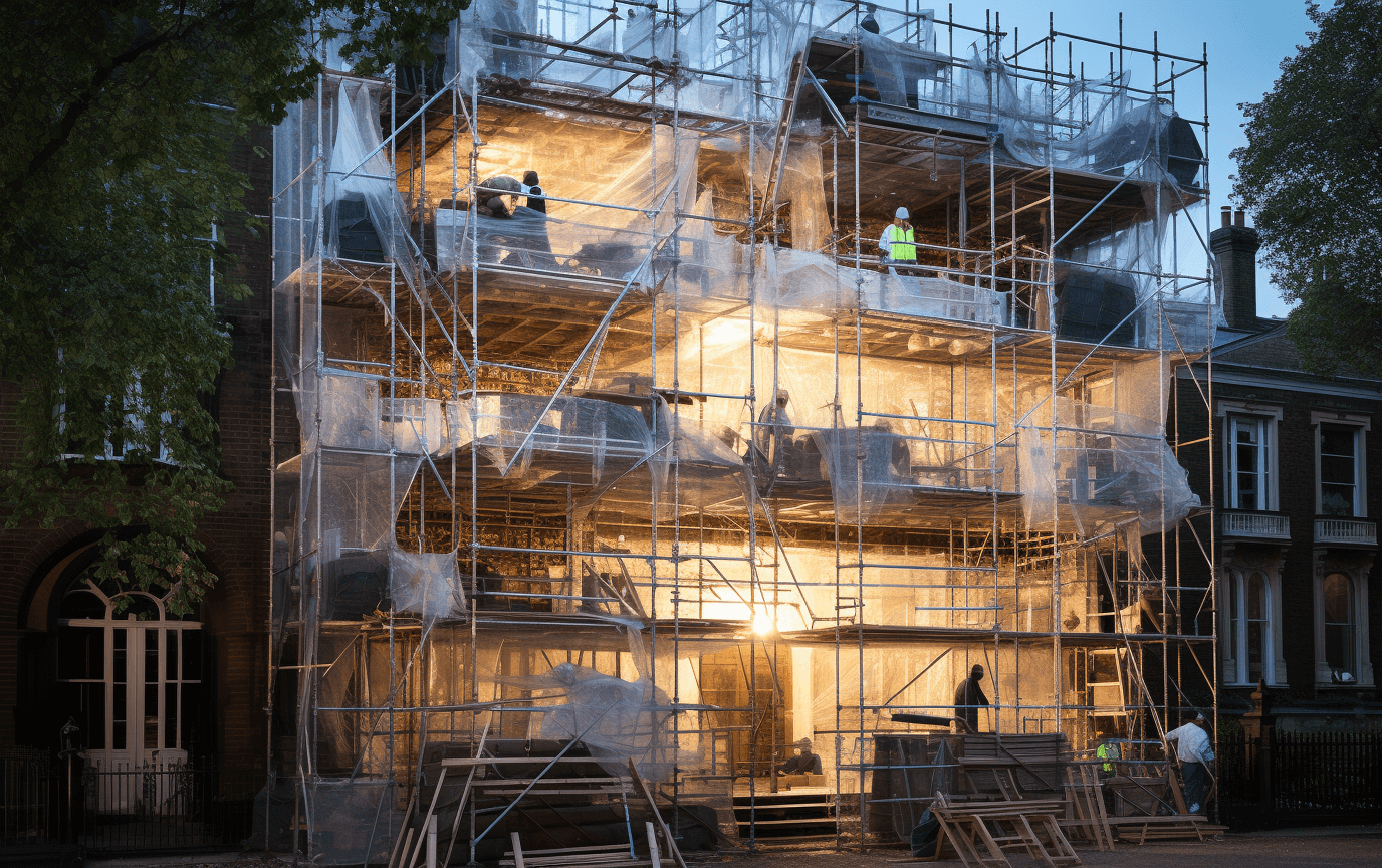 london home covered in scaffolding